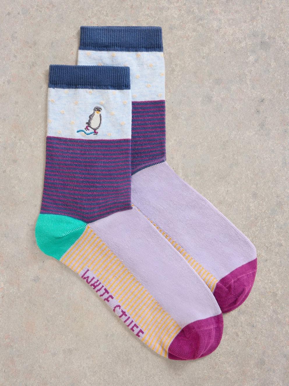 Penguin Embroidered Ankle Sock in BLUE MLT - FLAT FRONT