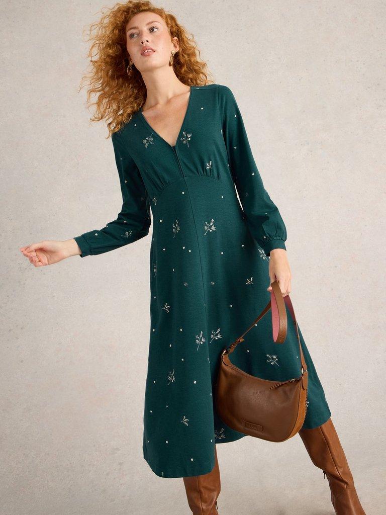 Megan Embroidered Midi Jersey Dress in TEAL MLT - LIFESTYLE