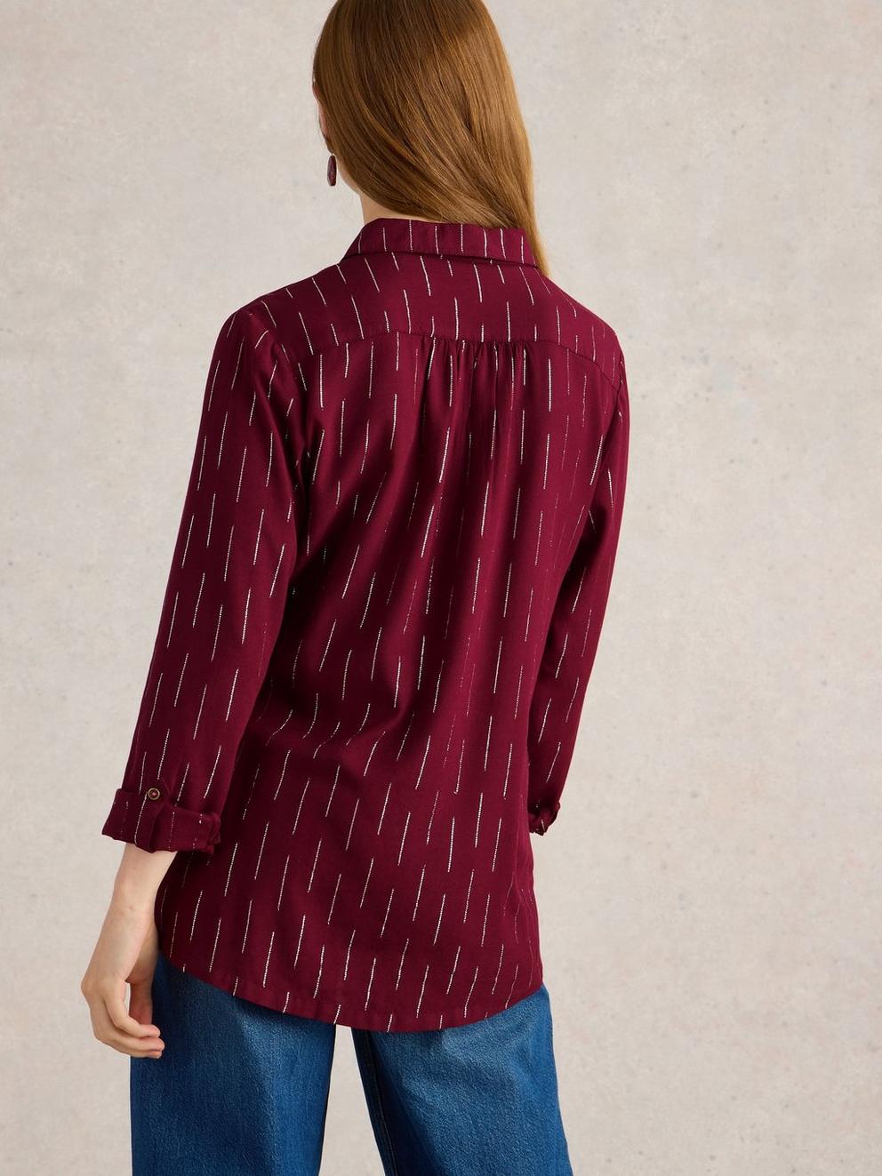 Sophie Metallic Shirt in PLUM MLT - MODEL BACK