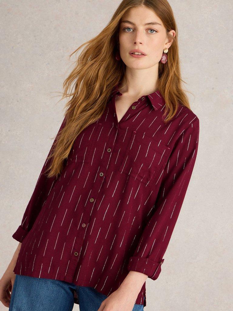 Sophie Metallic Shirt in PLUM MLT - MODEL DETAIL