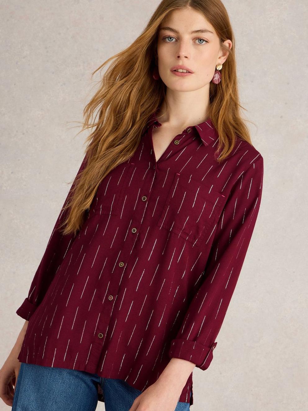 Sophie Metallic Shirt in PLUM MLT - MODEL DETAIL