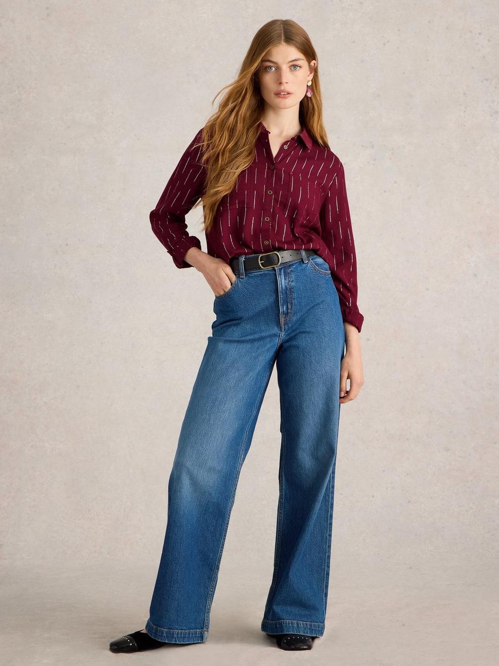 Sophie Metallic Shirt in PLUM MLT - MODEL FRONT