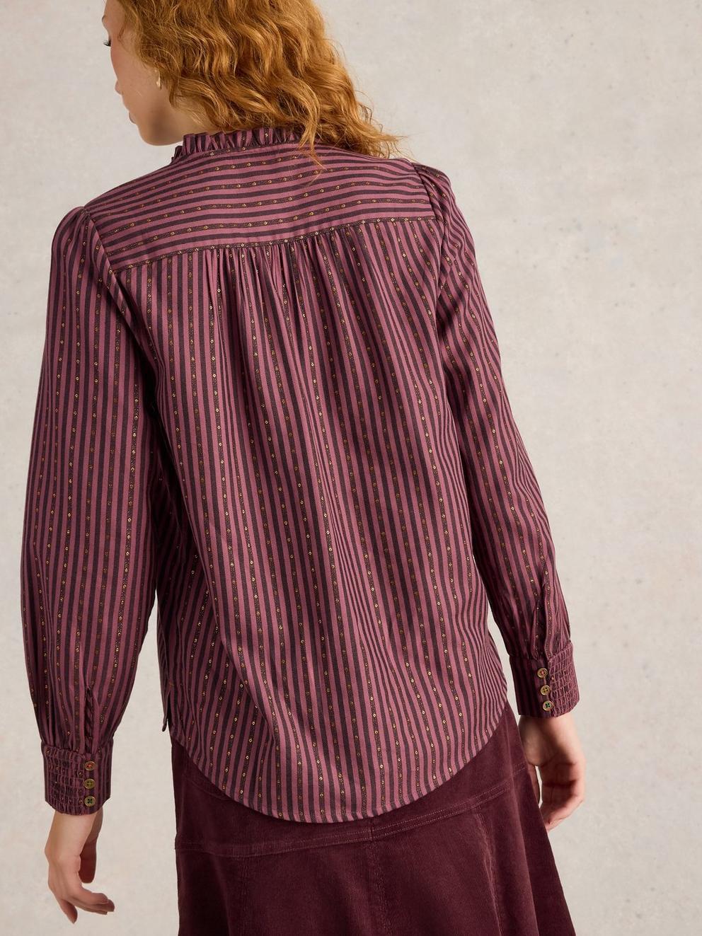 Aster Metallic Stripe Shirt in PLUM MLT - MODEL BACK