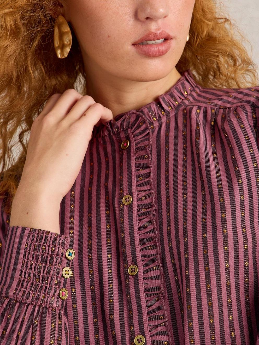 Aster Metallic Stripe Shirt in PLUM MLT - MODEL DETAIL