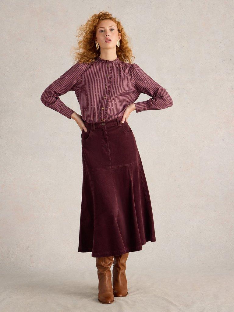 Aster Metallic Stripe Shirt in PLUM MLT - MODEL FRONT