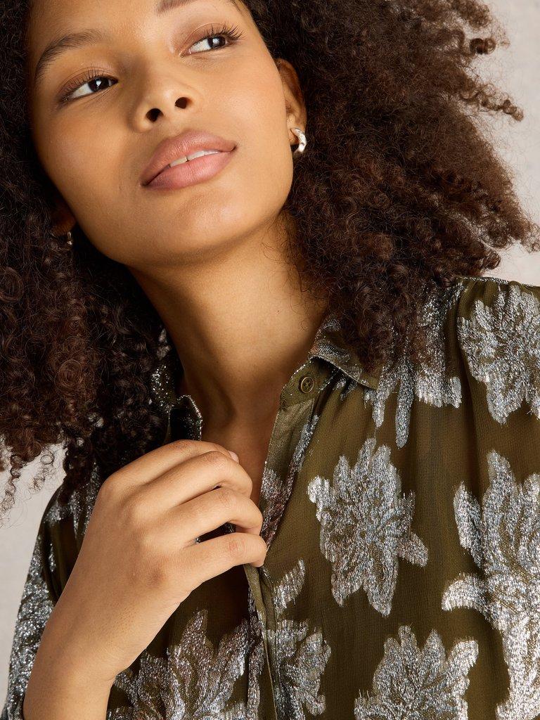 Phoebe Jacquard Shirt in GREEN MLT - MODEL DETAIL