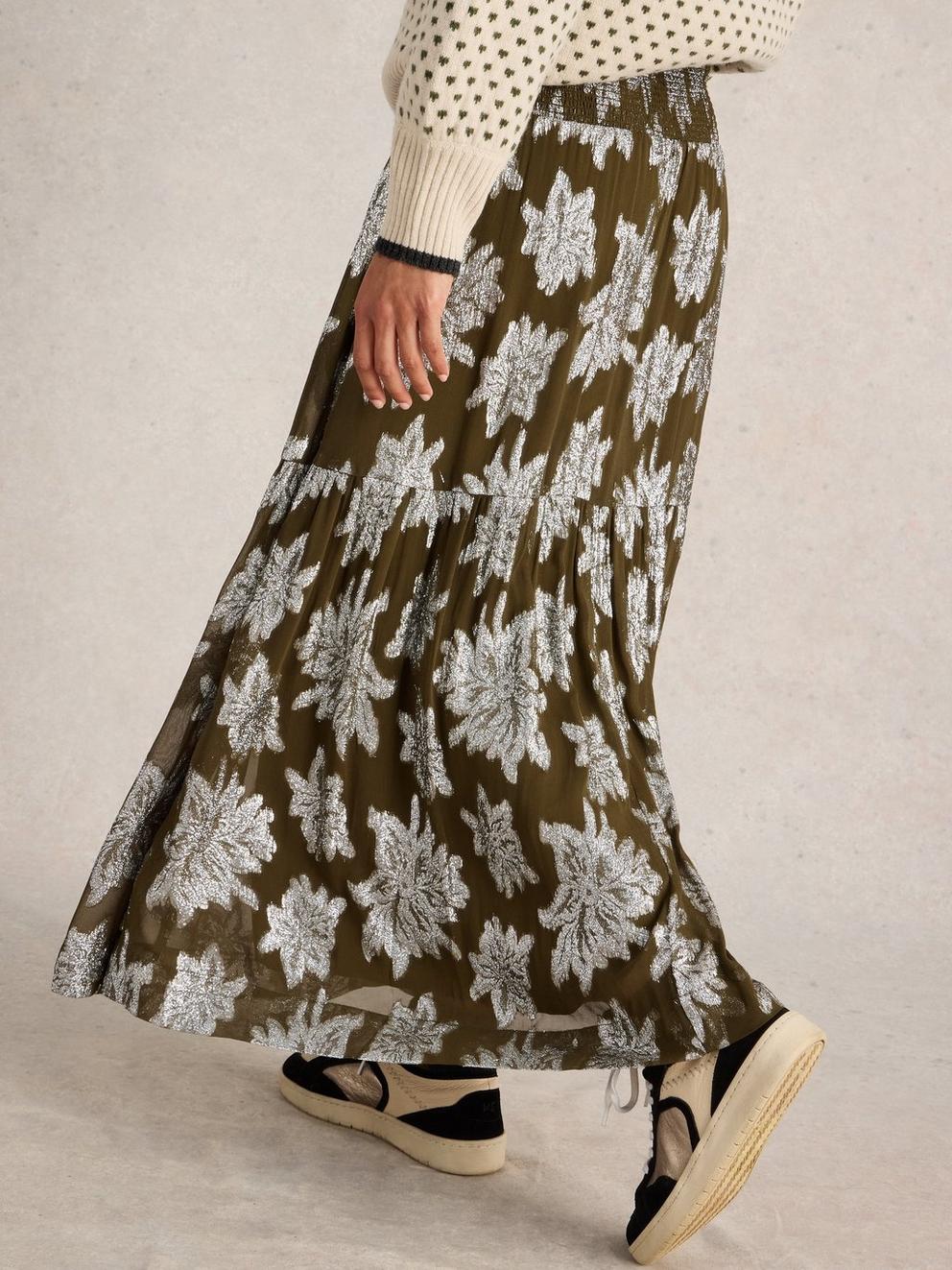 Phoebe Jacquard Maxi Skirt in GREEN MLT - MODEL BACK