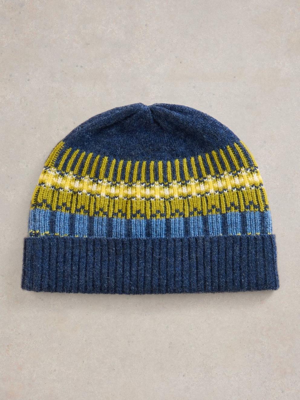 Rowan Fairisle Beanie in NAVY MULTI - FLAT DETAIL