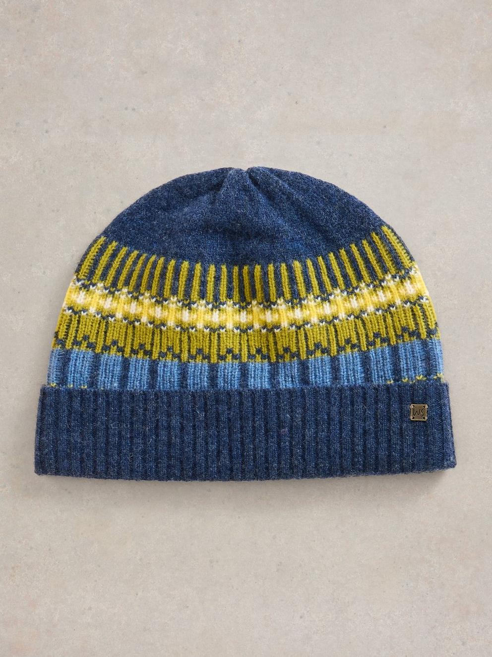 Rowan Fairisle Beanie in NAVY MULTI - FLAT FRONT