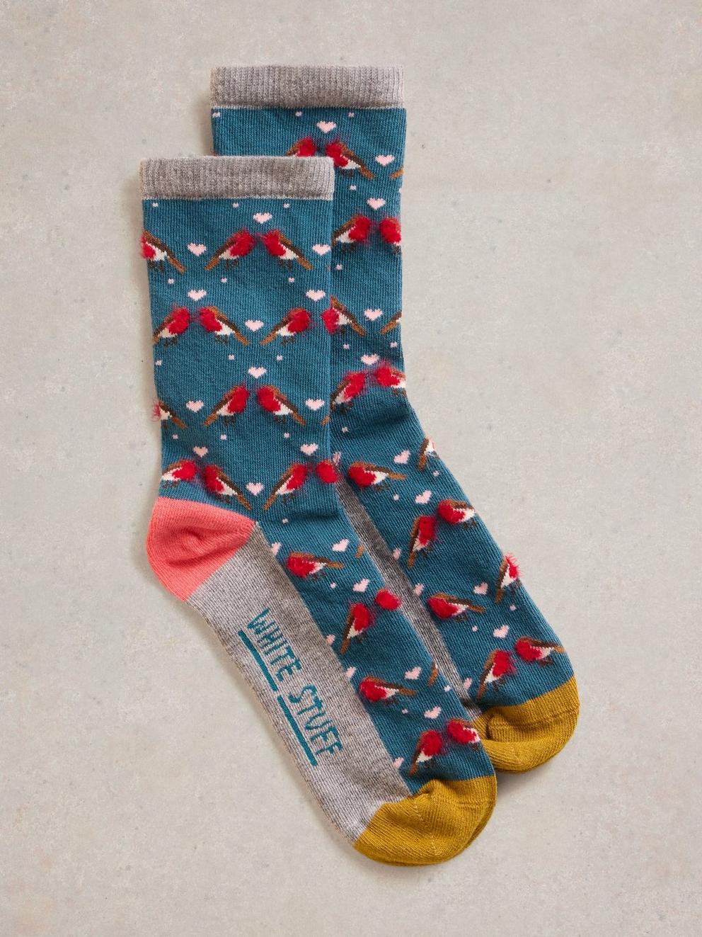 Fluffy Robin Ankle Sock in TEAL MLT - FLAT FRONT