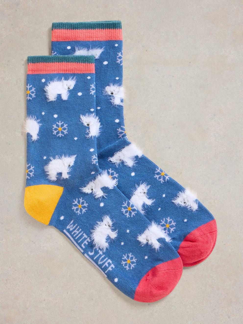 Fluffy Polar Bear Ankle Sock in BLUE MLT - FLAT FRONT