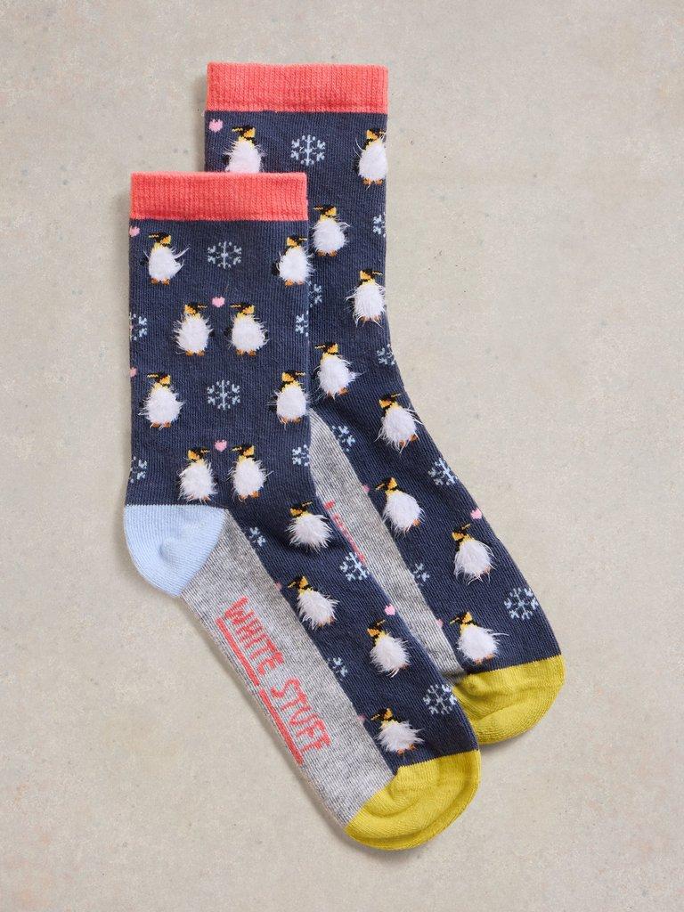 Fluffy Penguin Ankle Sock in NAVY MULTI - FLAT FRONT