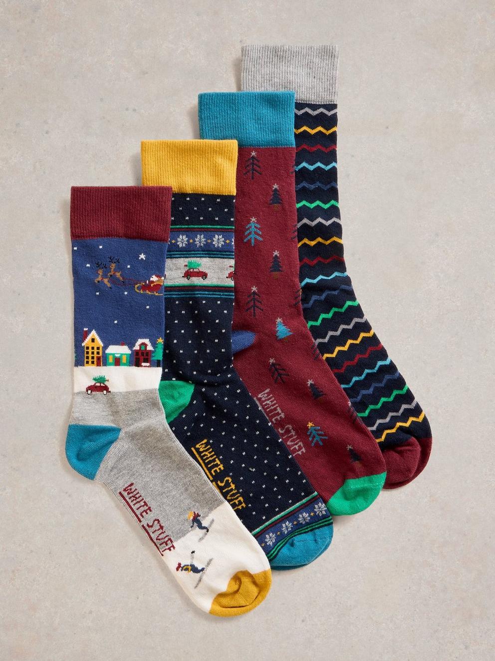 4 Pack Christmas Ankle Socks in NAVY MULTI - FLAT FRONT