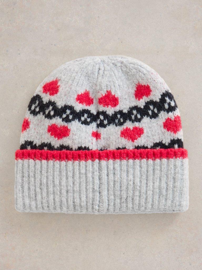 Heart Fairisle Beanie in GREY MLT - FLAT DETAIL