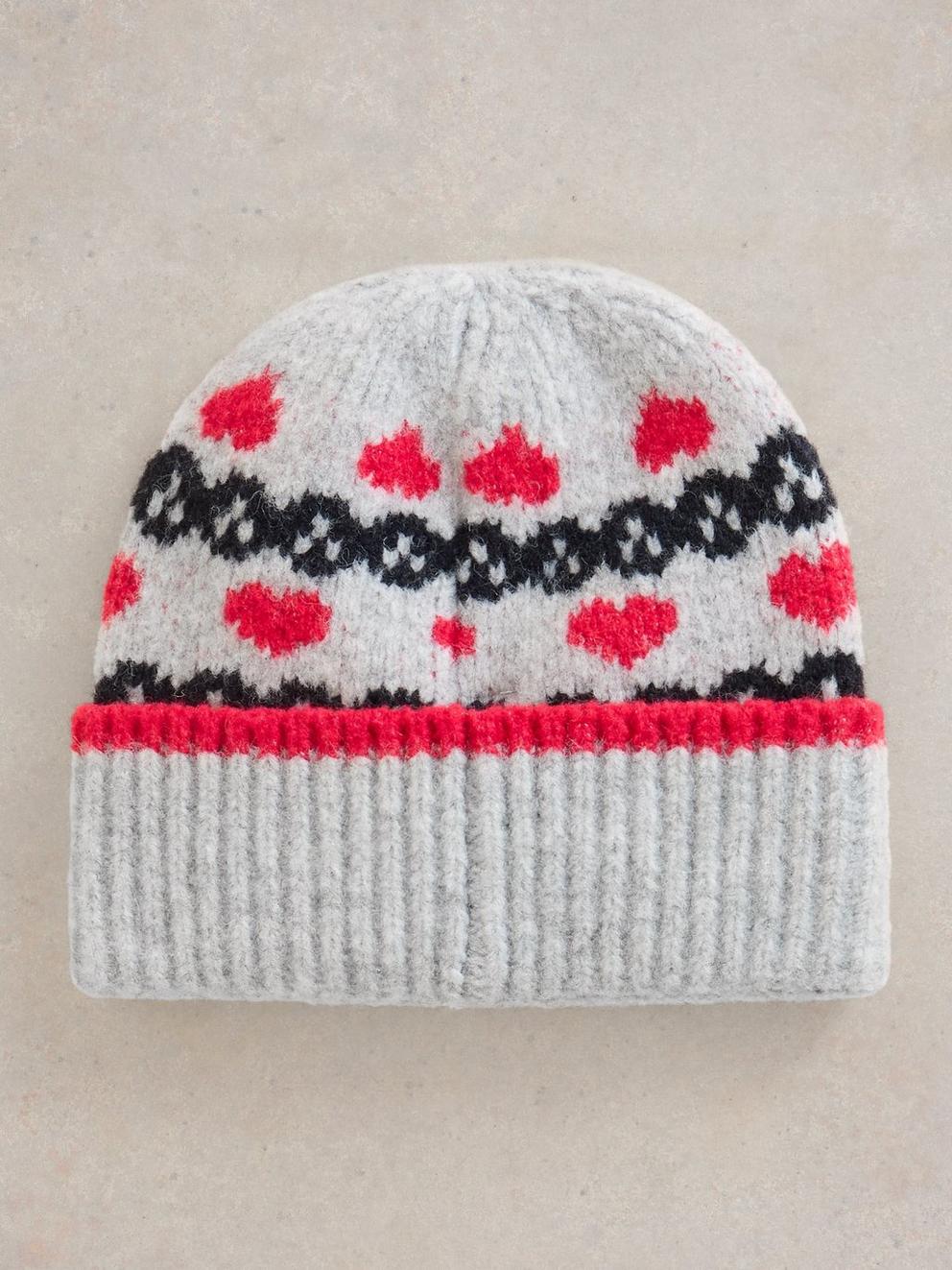 Heart Fairisle Beanie in GREY MLT - FLAT DETAIL