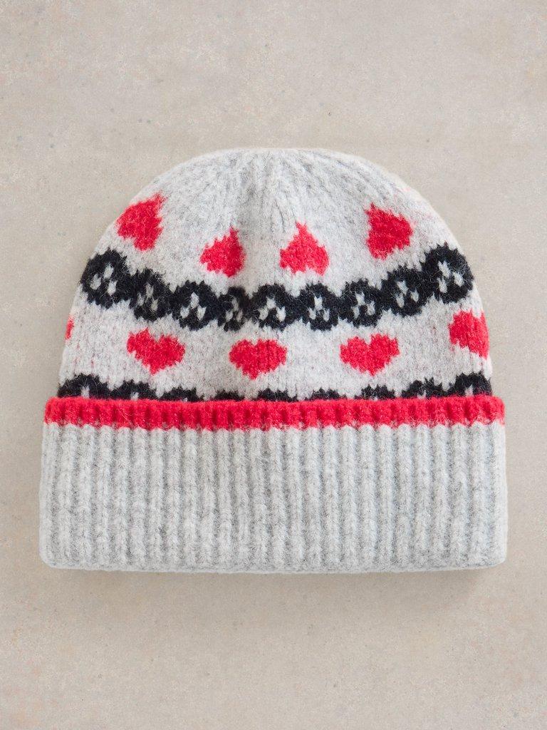 Heart Fairisle Beanie in GREY MLT - FLAT FRONT