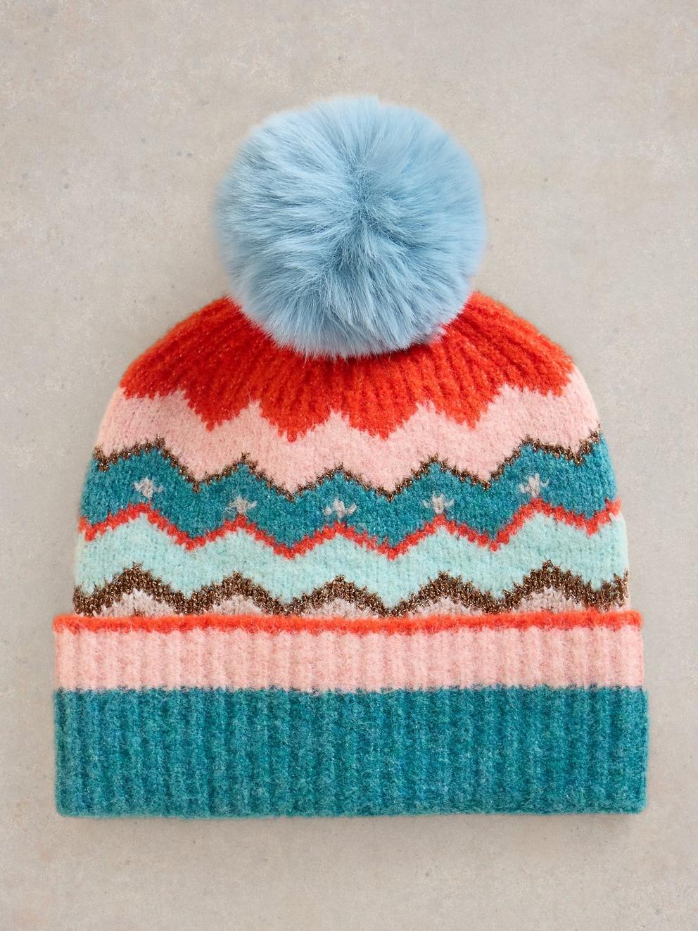 Zig Zag Fairisle Beanie in TEAL MLT - FLAT FRONT