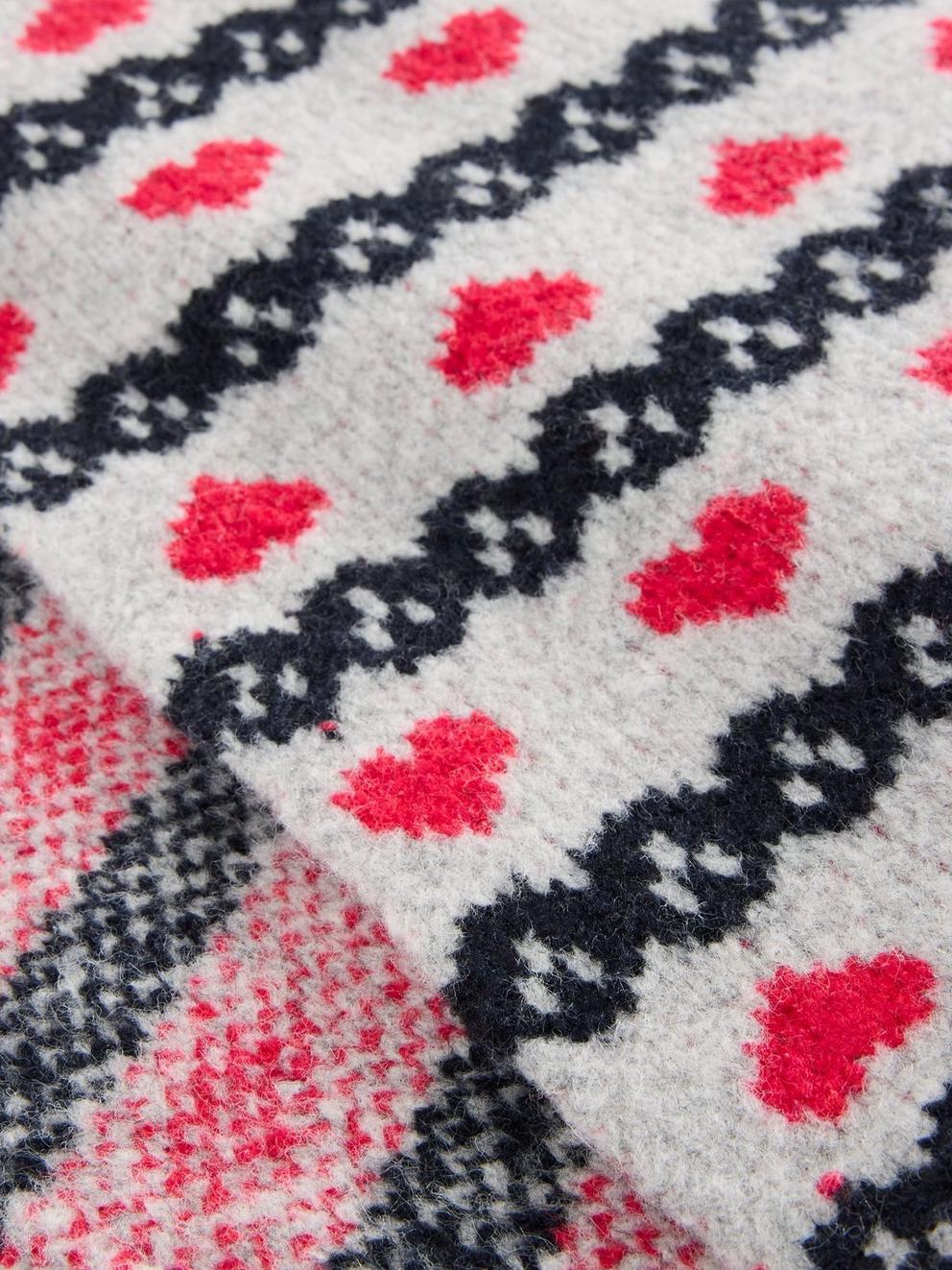 Heart Fairisle Scarf in GREY MLT - FLAT DETAIL