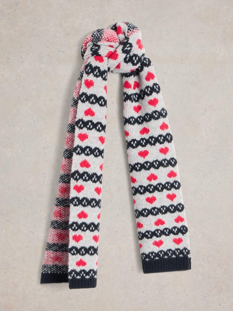 Heart Fairisle Scarf in GREY MLT - FLAT FRONT