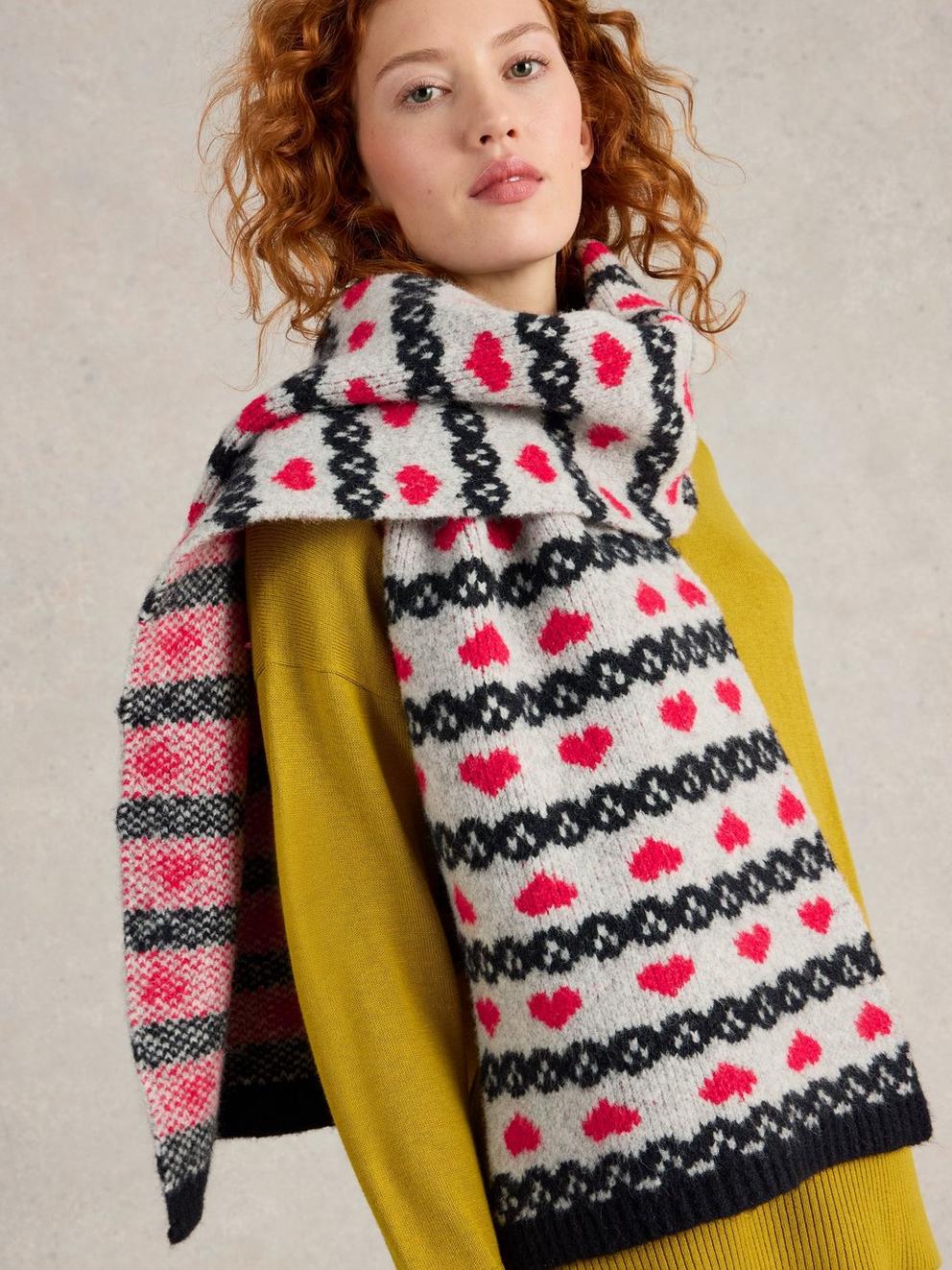 Heart Fairisle Scarf in GREY MLT - MODEL FRONT