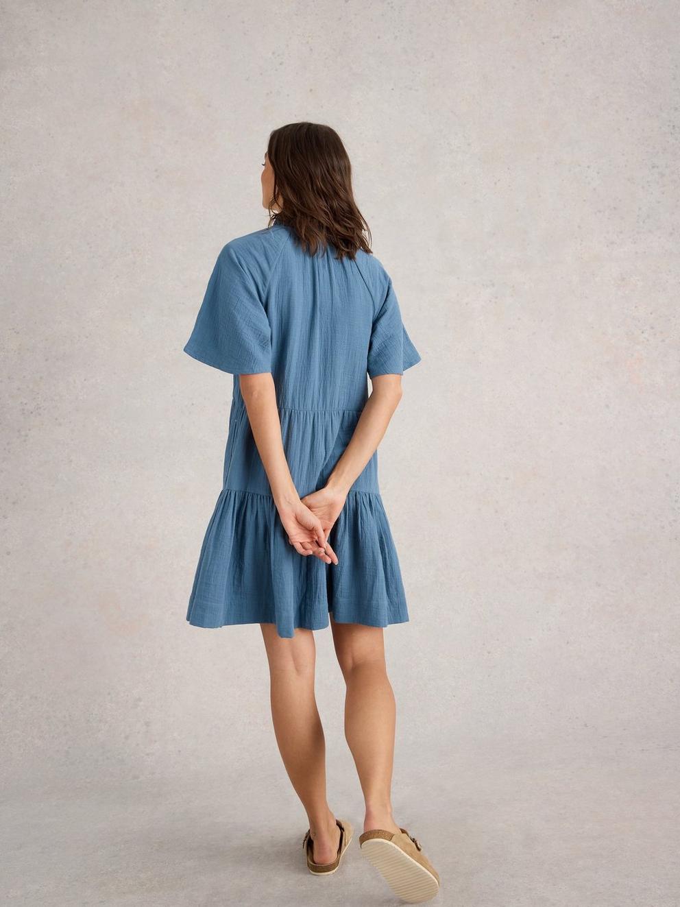 Sophia Double Cloth Dress in DUS BLUE - MODEL BACK