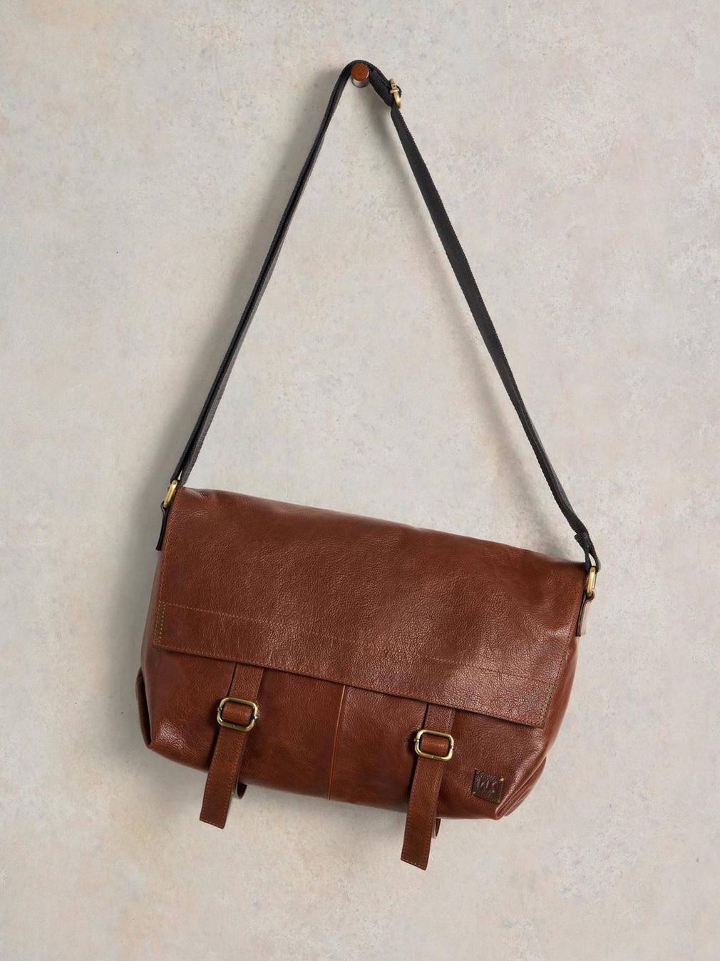 Teddy Leather Messenger Bag in MID TAN - FLAT FRONT