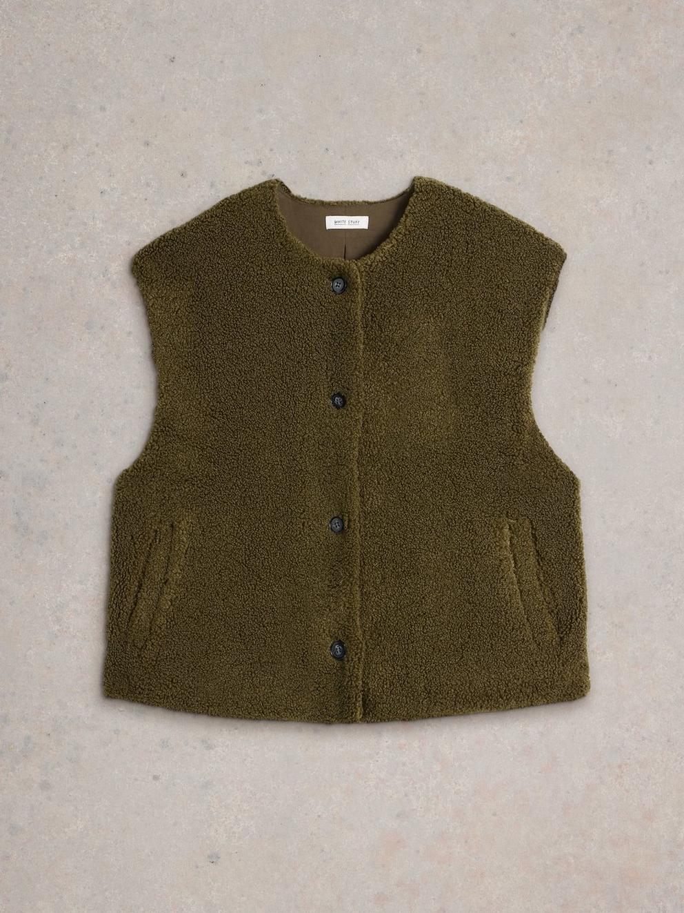 Borg Cotton Gilet in KHAKI GRN - FLAT FRONT