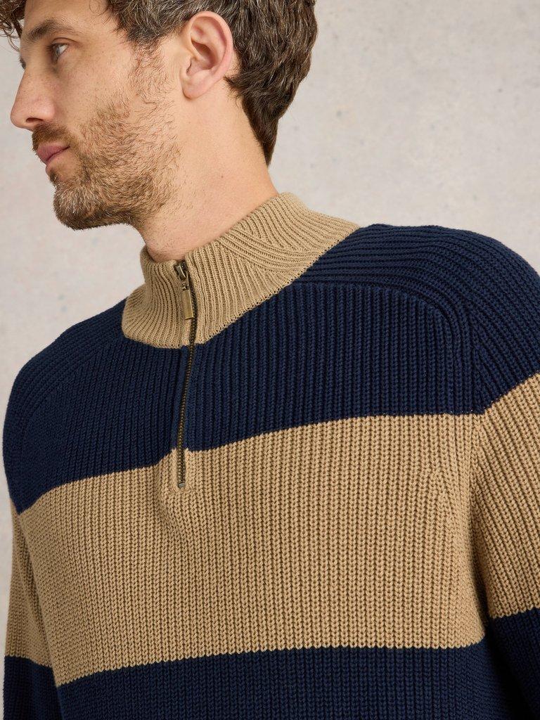 Block Stripe Funnel Neck in TAN MULTI - LIFESTYLE