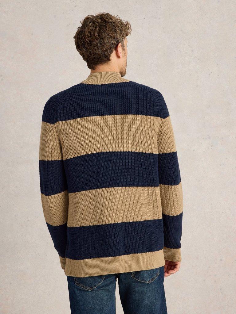 Block Stripe Funnel Neck in TAN MULTI - MODEL BACK