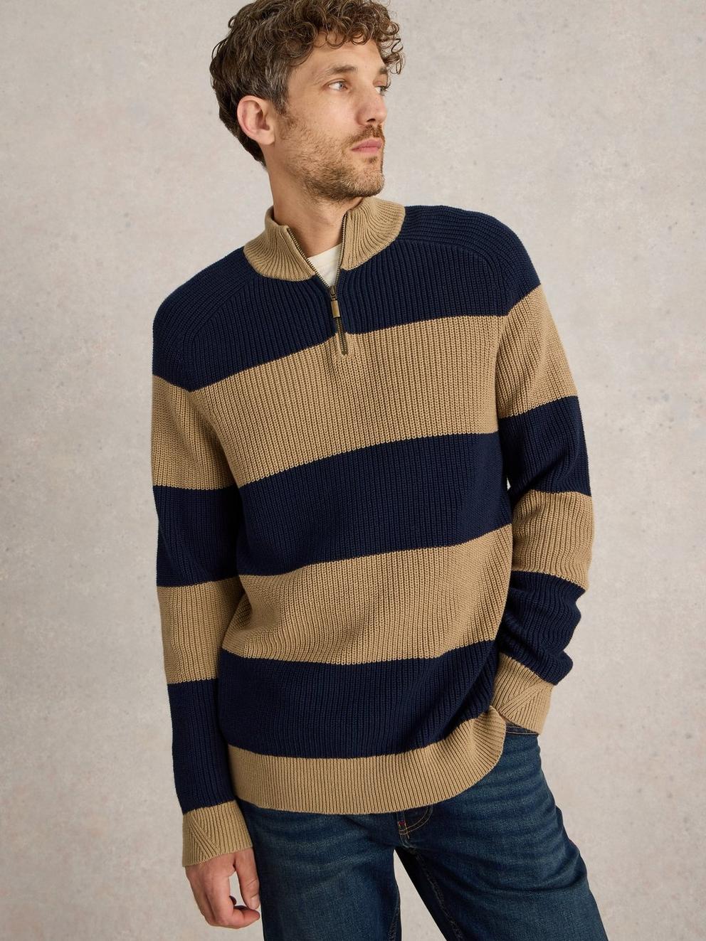 Block Stripe Funnel Neck in TAN MULTI - MODEL DETAIL