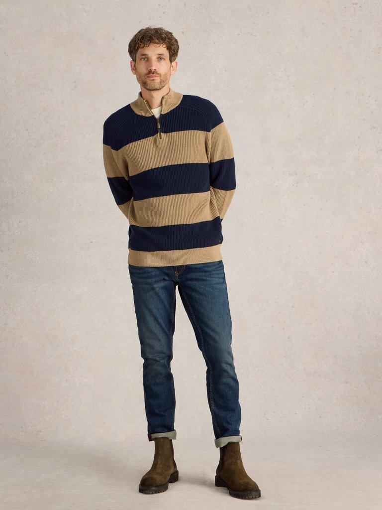 Block Stripe Funnel Neck in TAN MULTI - MODEL FRONT