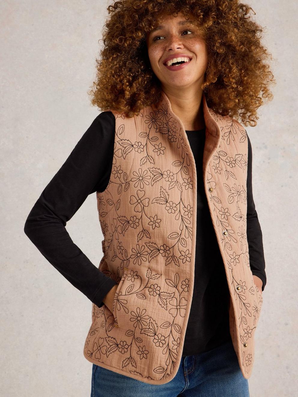 Florence Embroidered Gilet in NAT MLT - MODEL DETAIL
