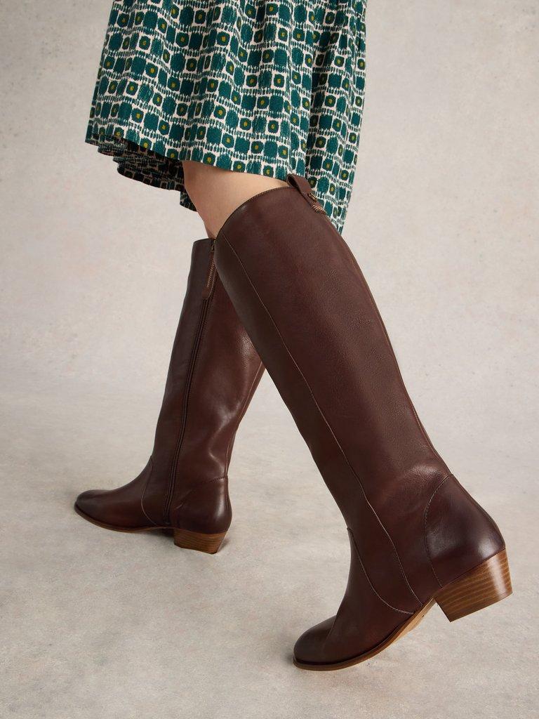 Willow Leather Knee High Boot in DK BROWN - MODEL FRONT