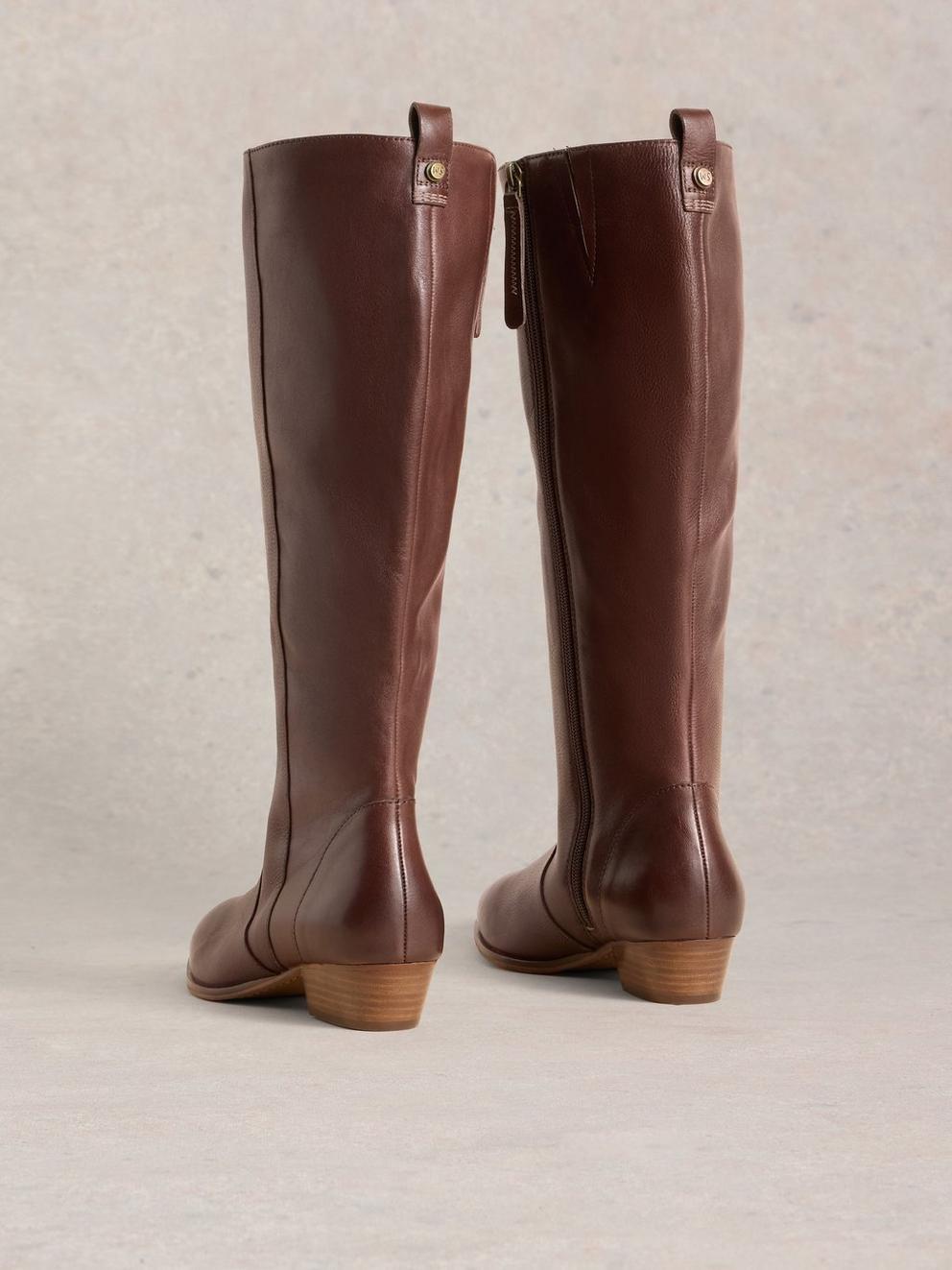 Wide Fit Leather Knee Boot in DK BROWN - FLAT BACK