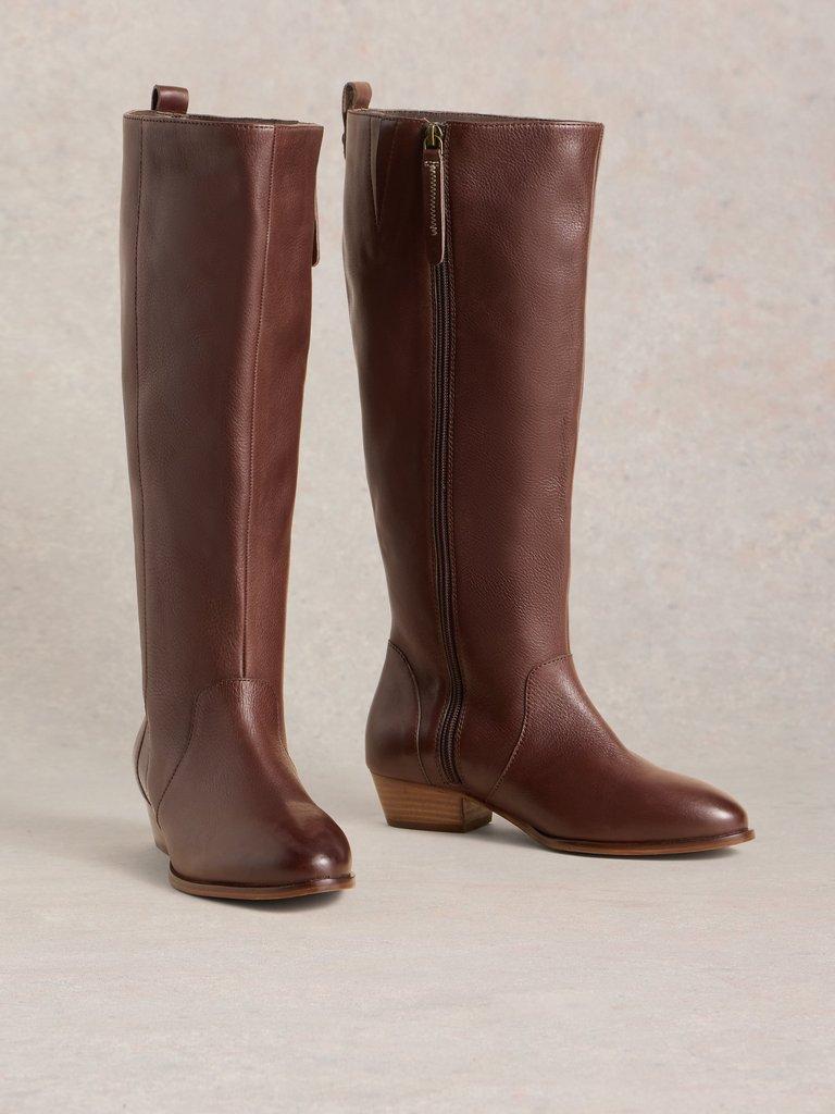 Wide Fit Leather Knee Boot in DK BROWN - FLAT FRONT