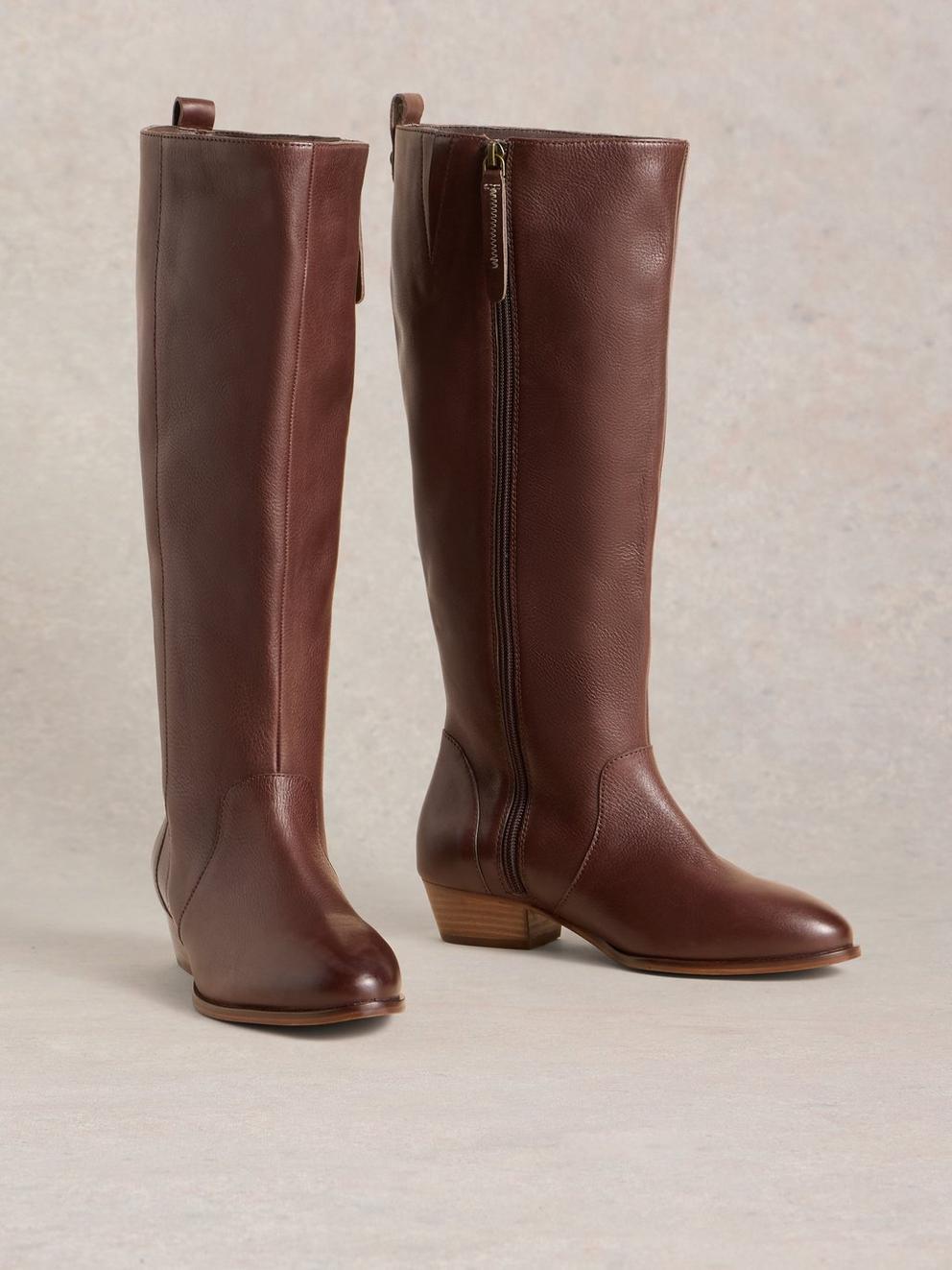 Wide Fit Leather Knee Boot in DK BROWN - FLAT FRONT