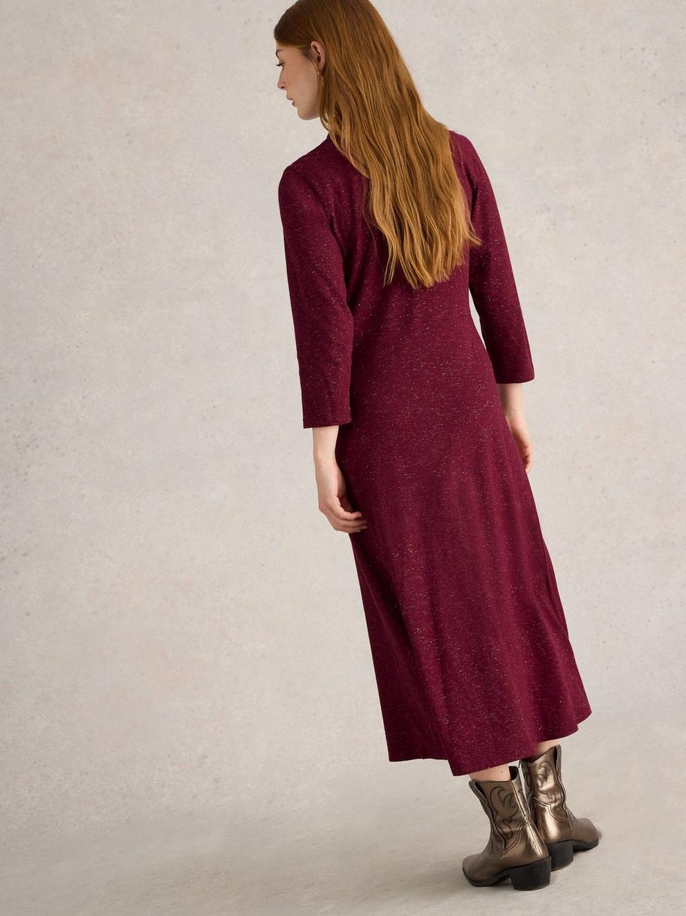 Rua Sparkle Jersey Dress in DK PLUM - MODEL BACK