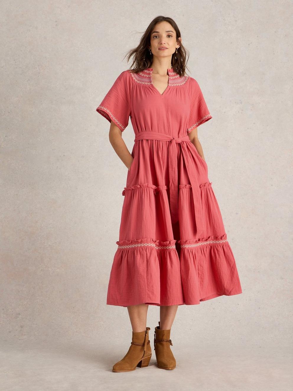 Coralie Double Cloth Dress in PINK MLT - MODEL FRONT