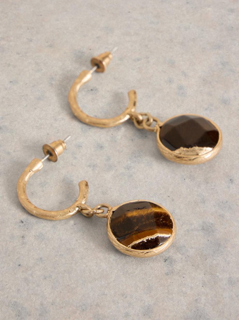 IRIS SEMI-PRECIOUS DROP STONE EARRING in MID BROWN - FLAT DETAIL