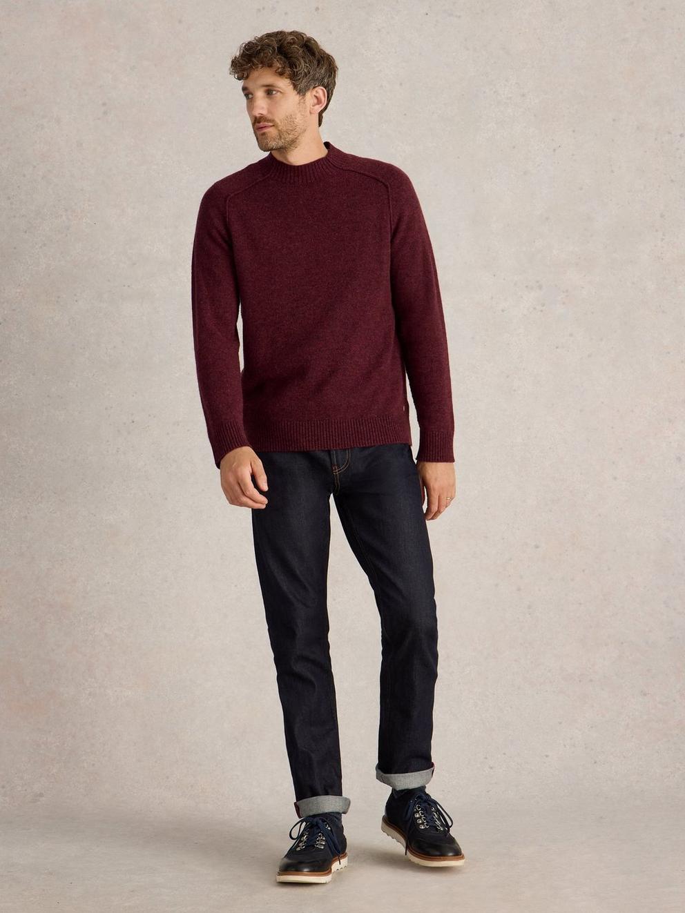 Lambswool Mock Neck Jumper in DK PLUM - MODEL FRONT