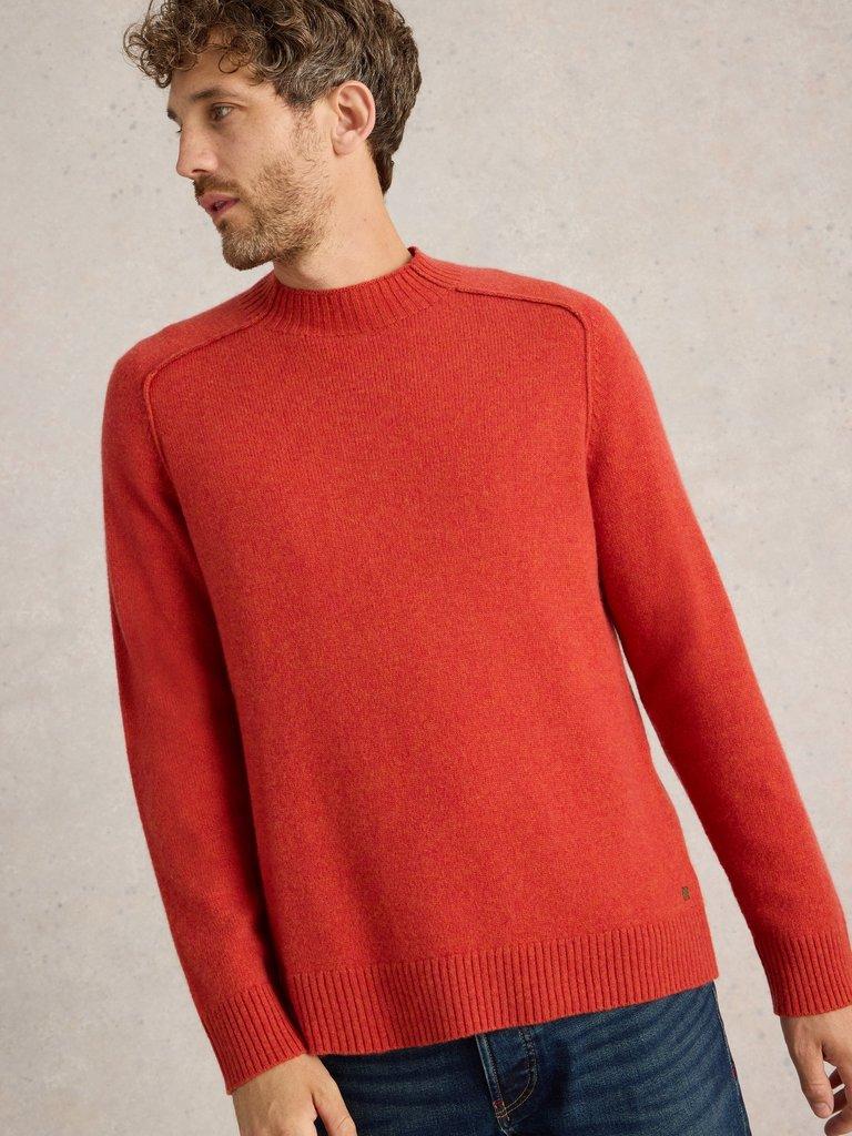 Lambswool Mock Neck Jumper in MID RED - LIFESTYLE