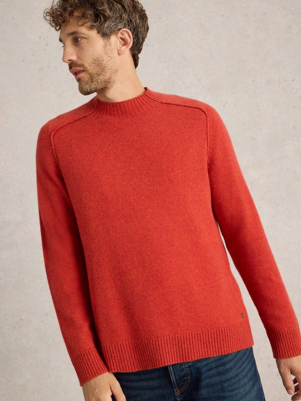 Lambswool Mock Neck Jumper in MID RED - LIFESTYLE