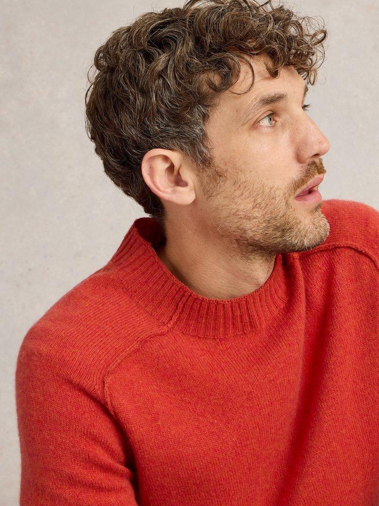 Lambswool Mock Neck Jumper in MID RED - MODEL DETAIL