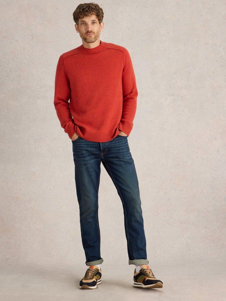 Lambswool Mock Neck Jumper in MID RED - MODEL FRONT