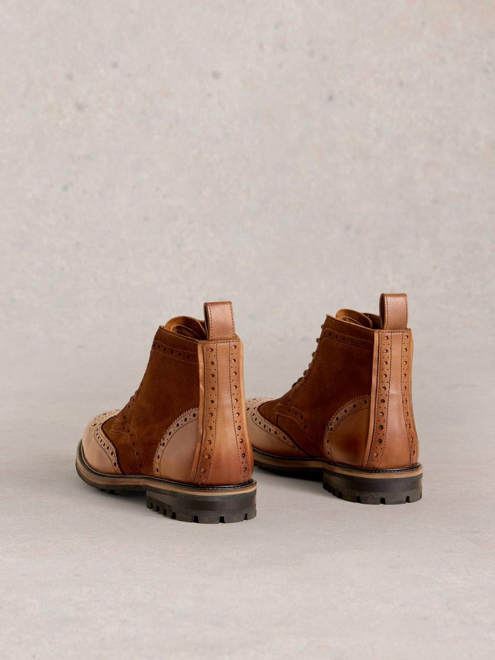 Arlo Brogue Leather Boot in MID TAN - FLAT BACK