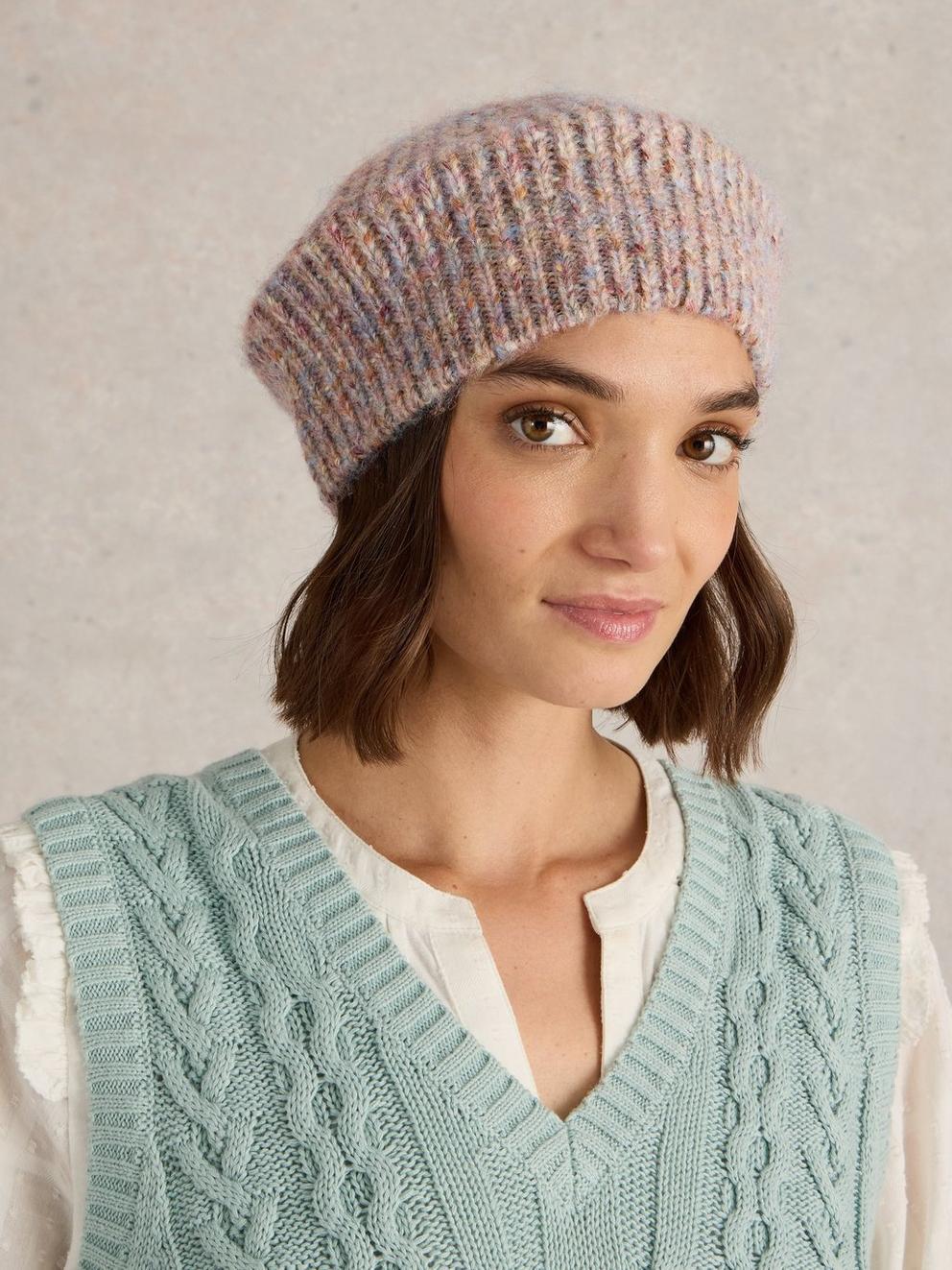 Spacedye Knitted Beret in NAT MLT - MODEL FRONT