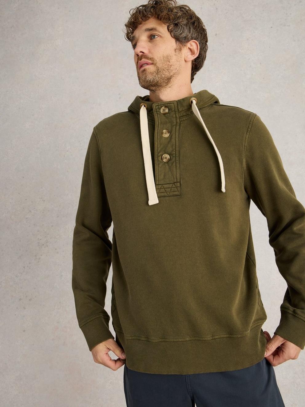 Brampton Overhead Hoodie in KHAKI GRN - MODEL DETAIL