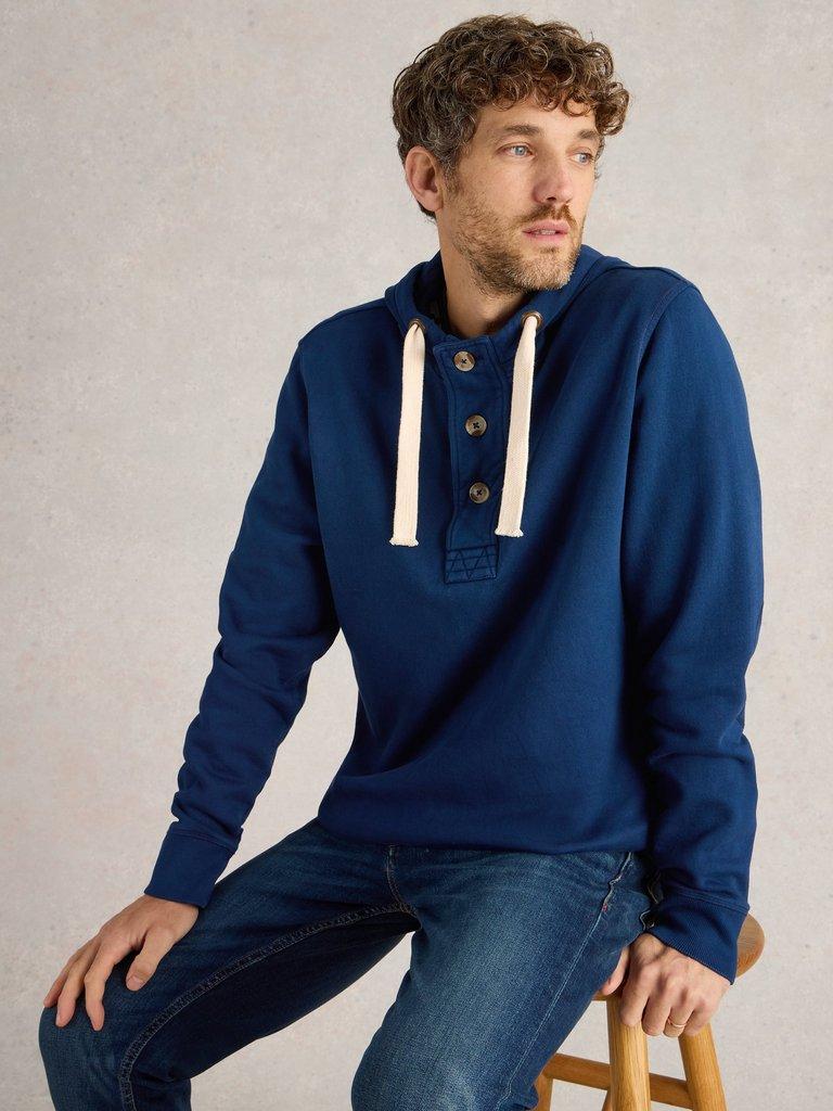 Brampton Overhead Hoodie in MID BLUE - MODEL DETAIL