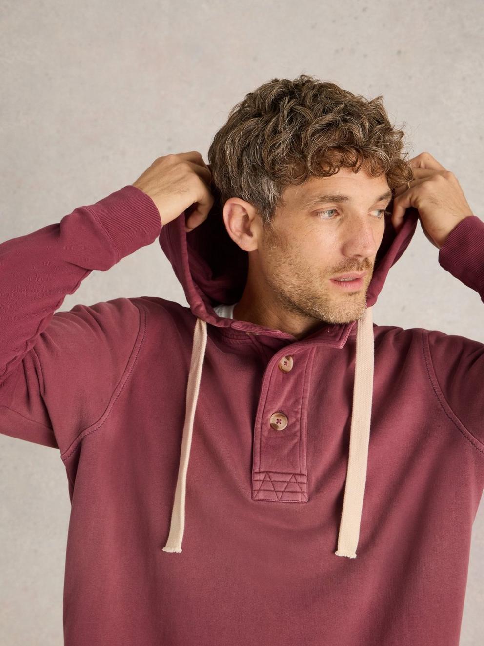 Brampton Overhead Hoodie in MID PLUM - MODEL DETAIL
