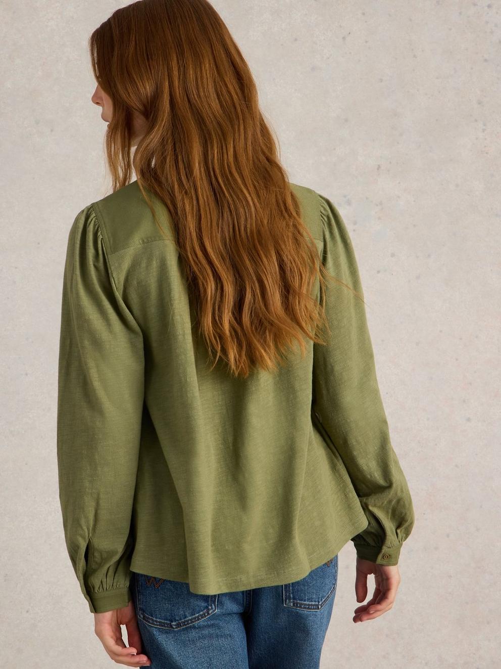 ELOISE MIX SHIRT in KHAKI GRN - MODEL BACK